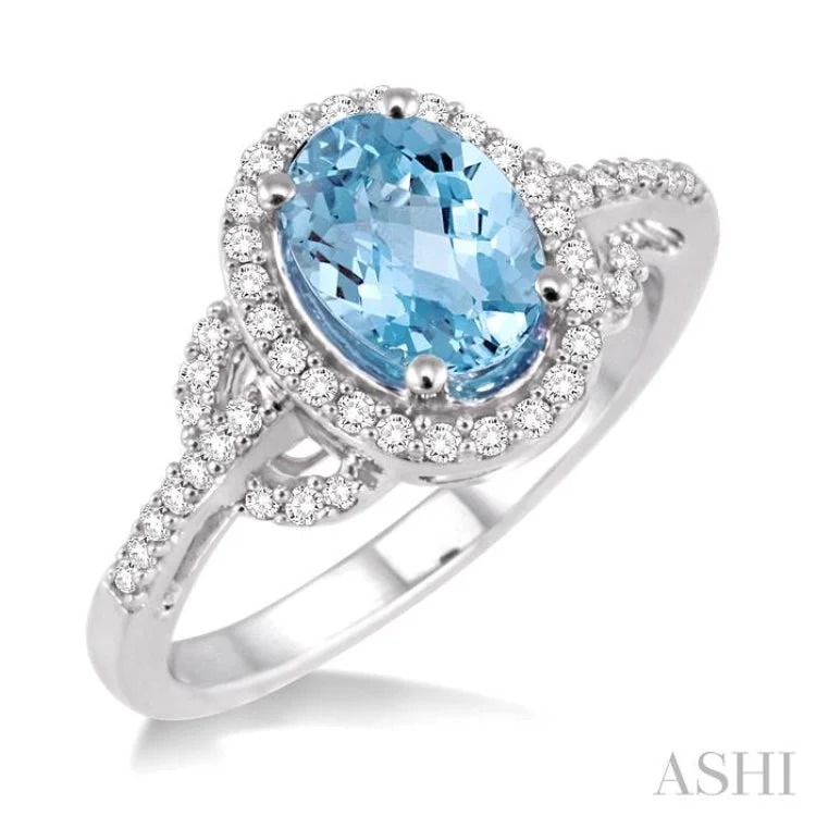 Designer Wedding Rings for Her-8x6MM Oval Cut Aquamarine and 1/3 Ctw Round Cut Diamond Ring in 14K White Gold