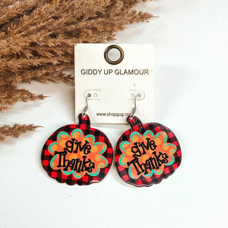 Sparkling Drop Earrings-Give Thanks Pumpkin Metal Dangle Earrings in Red Buffalo Plaid