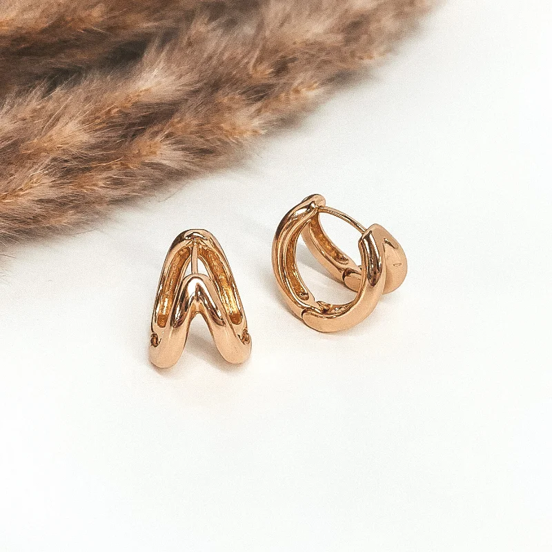 Geometric Crystal Drop Earrings-Thick Double Hoop Huggie Earrings in Gold Tone