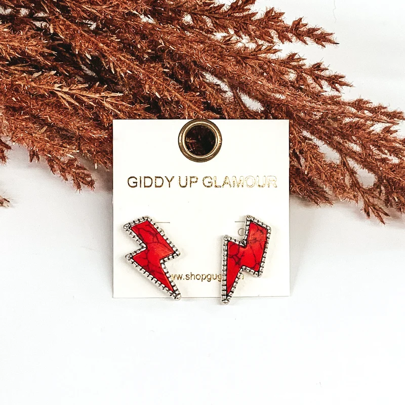 Designer Hoop Earrings-Lightning Bolt Stone Stud Earrings in Red