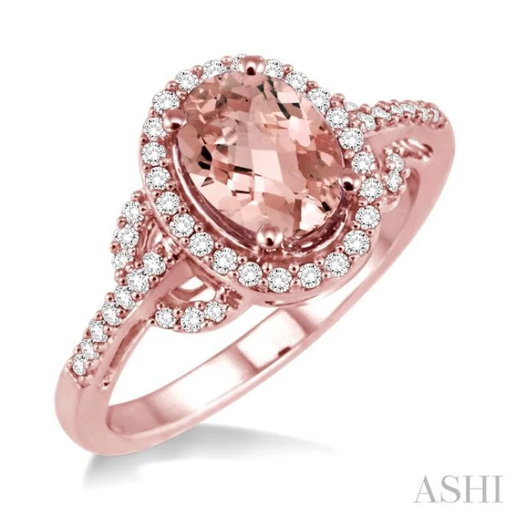 Simple Promise Rings with Personalization-8x6MM Oval Cut Morganite and 1/3 Ctw Round Cut Diamond Ring in 14K Rose Gold