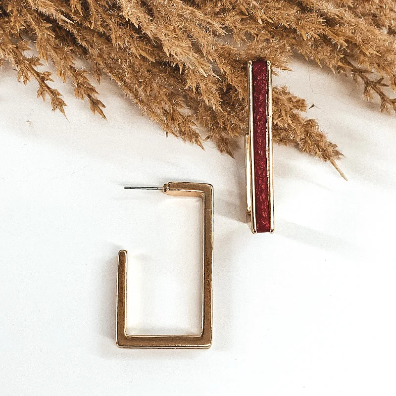 Designer Drop Earrings-Gold Rectangle Hoops with Leather Inlay in Red