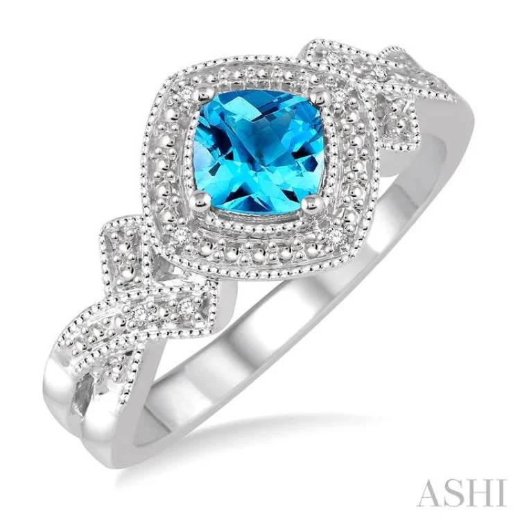 Gemstone Wedding Rings for Men-1/50 Ctw Cushion Cut 5x5mm Blue Topaz & Round Cut Diamond Sterling Silver Ring