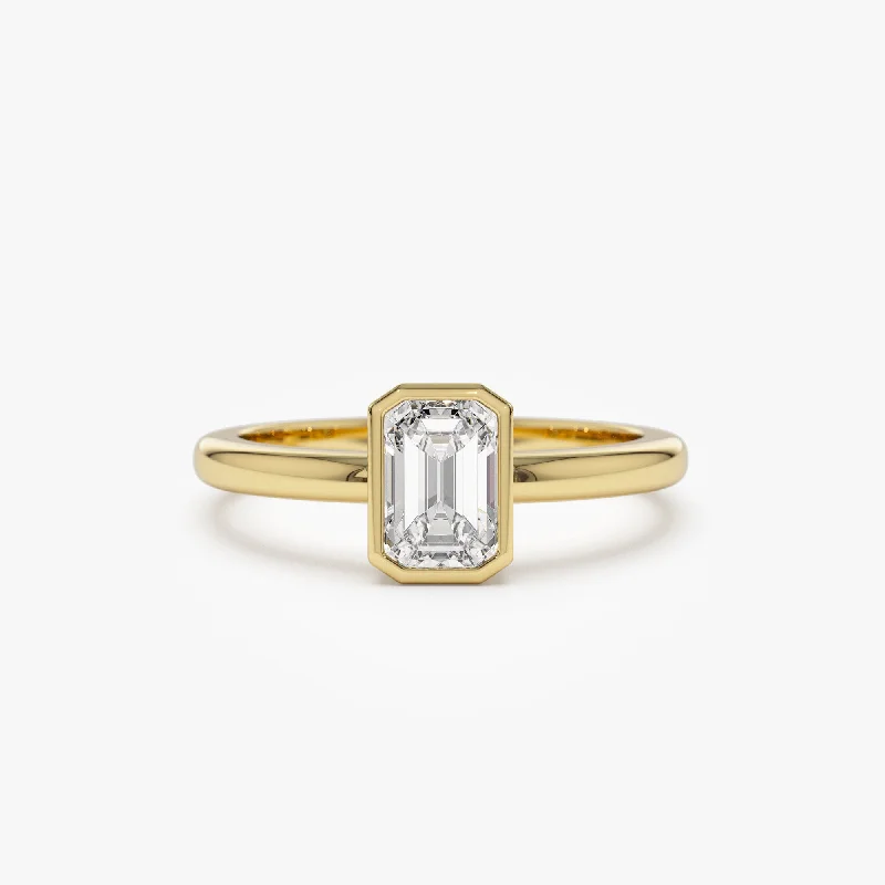 Custom Signet Wedding Rings-0.75 - 1.50 ctw 14k Bezel Setting Emerald Cut Lab Grown Diamond Engagement Ring - Anna