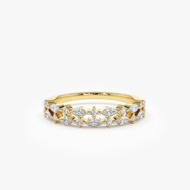 Designer Diamond Engagement Rings-14k Double Row Alternating Marquise Round Diamond Ring