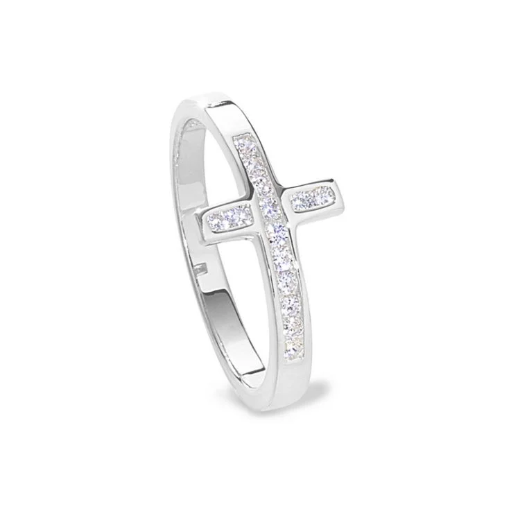 Gemstone Wedding Rings for Women-Platinum Finish Sterling Silver Micropave Cross Ring with Simulated Diamonds - size 8