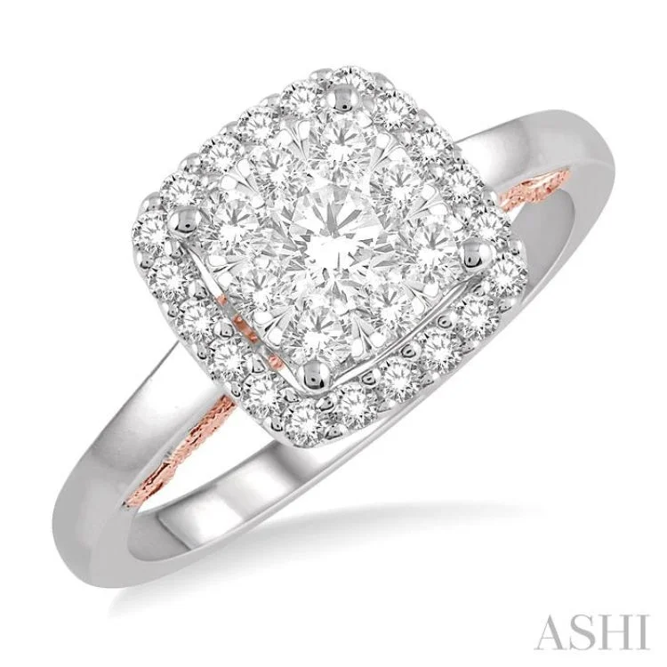 Couples Engagement Ring Sets-3/4 Ctw Cushion Shape Lovebright Round Cut Diamond Ring in 14K White and Rose Gold