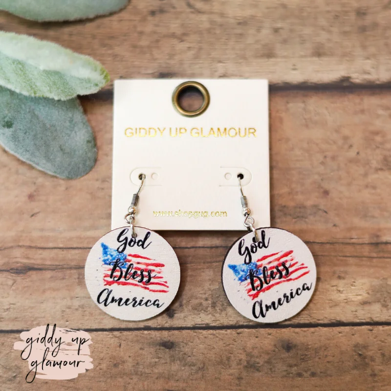 Colorful Drop Earrings for Women-"God Bless America" Wooden Earrings in White