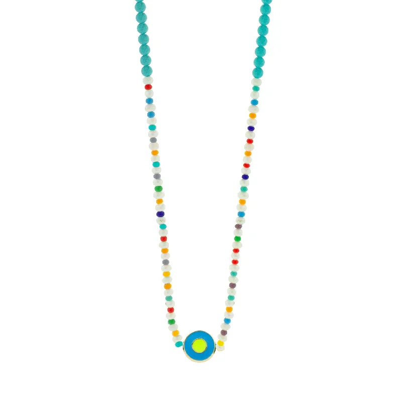 Elegant Gold Necklaces-Enameled Neon Blue Evil Eye Disk on Beaded Necklace