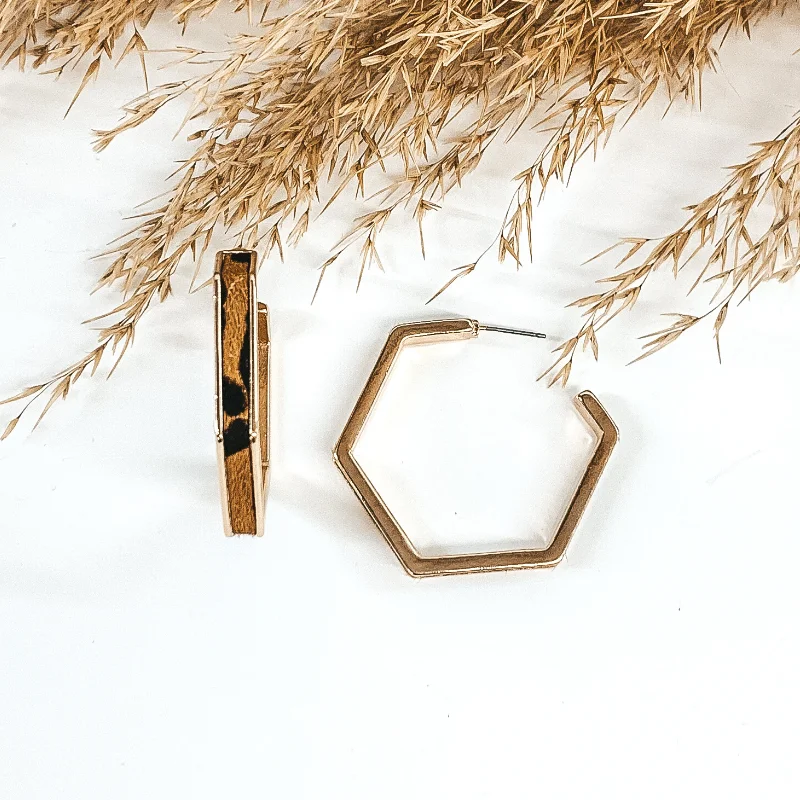 Large Hoop Earrings-Gold Hexagon Hoops with Cow Hide Inlay in Brown Leopard