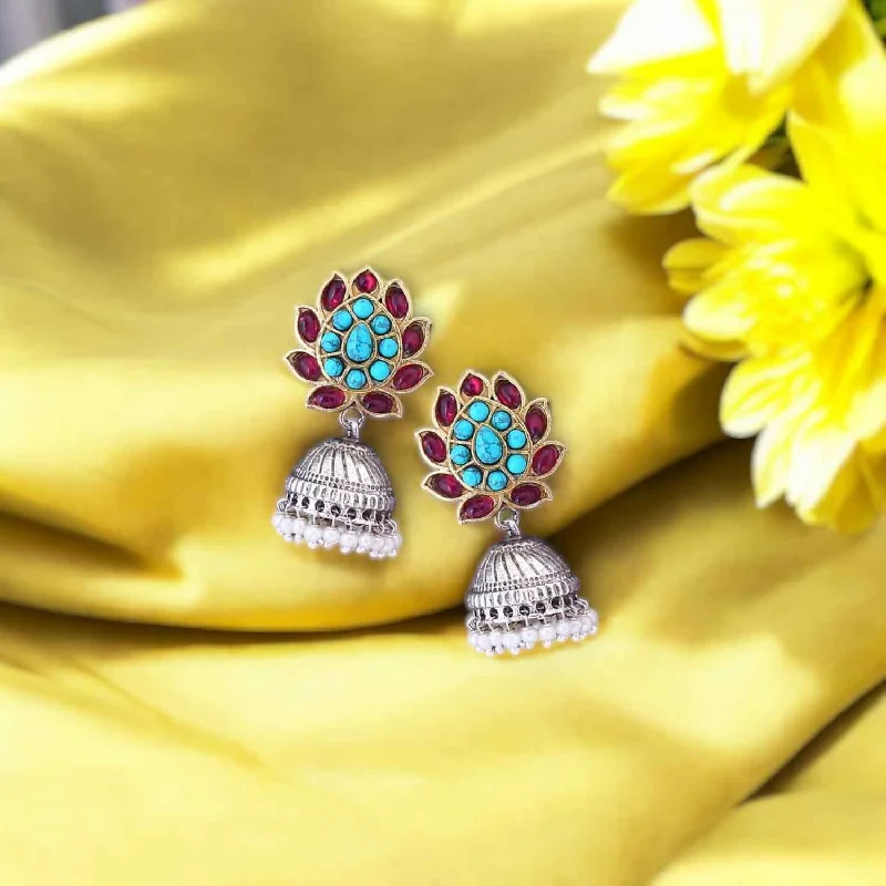 Sparkling Gemstone Drop Earrings-Multicolor Akansha Oxidised Jhumkis