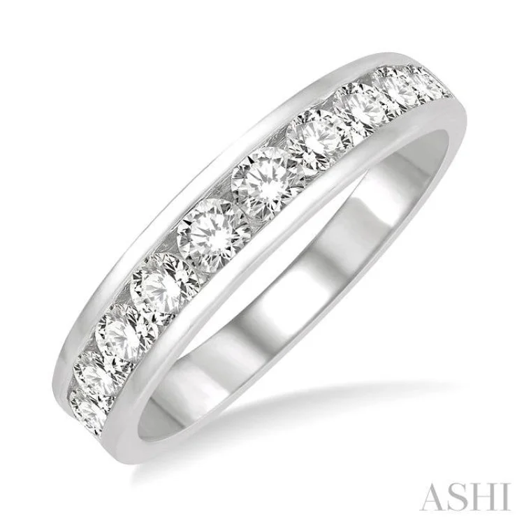 Fashionable Engagement Ring Designs-1 Ctw Channel Set 11 Stone Round Cut Diamond Wedding Band in 14K White Gold