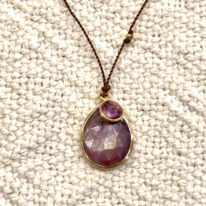 Travel Necklaces-One of a Kind 14K Gold Framed Ruby and Sapphire on Cord Necklace