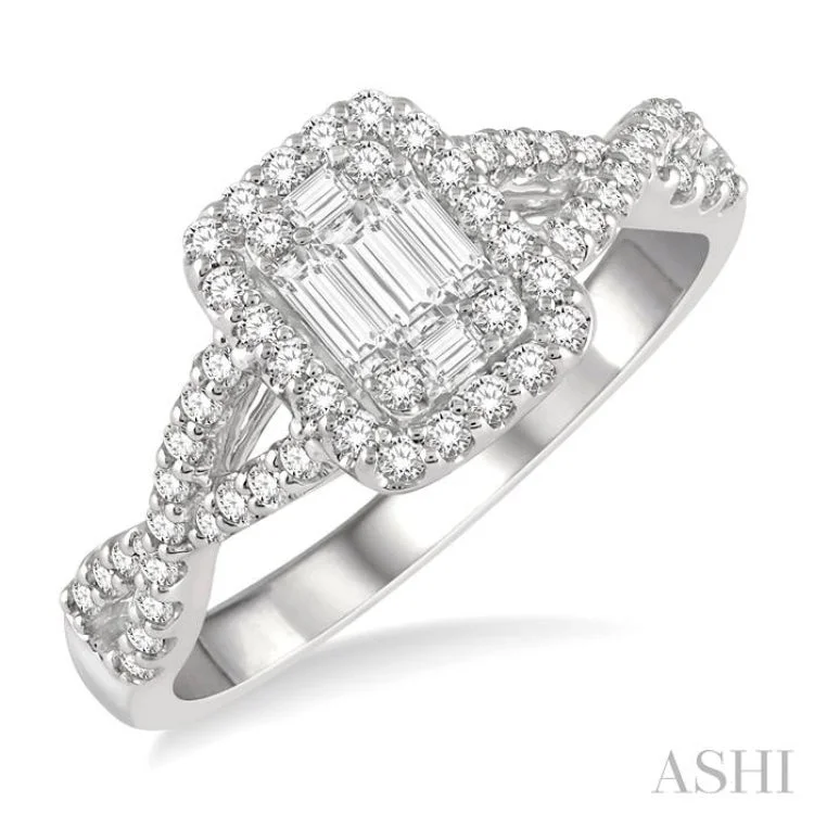 Handcrafted Gold Engagement Rings-1/2 Ctw Entwined Shank Baguette & Round Cut Fusion Diamond Ring in 14K White Gold