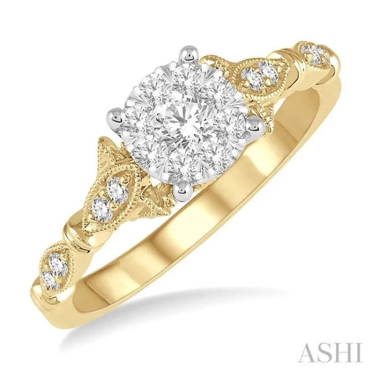 Men’s Custom Rings-1/2 ctw Marquise Shank Circular Mount Lovebright Round Cut Diamond Ring in 14K Yellow and White Gold