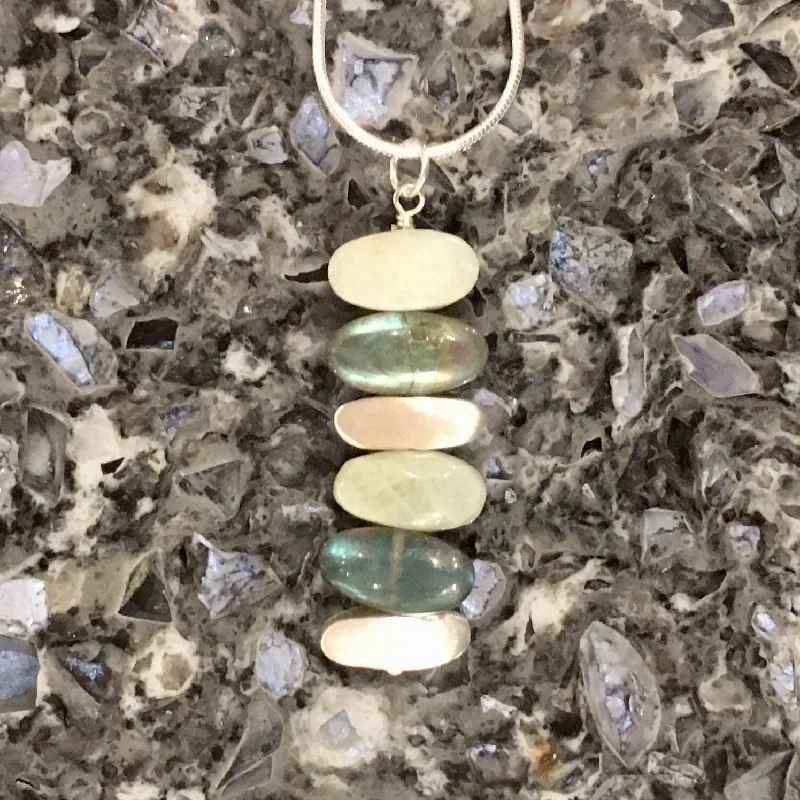 One-Of-A-Kind Necklaces-Stacked Aquamarine, Labradorite and Brushed Sterling Silver Stones Pendant Necklace