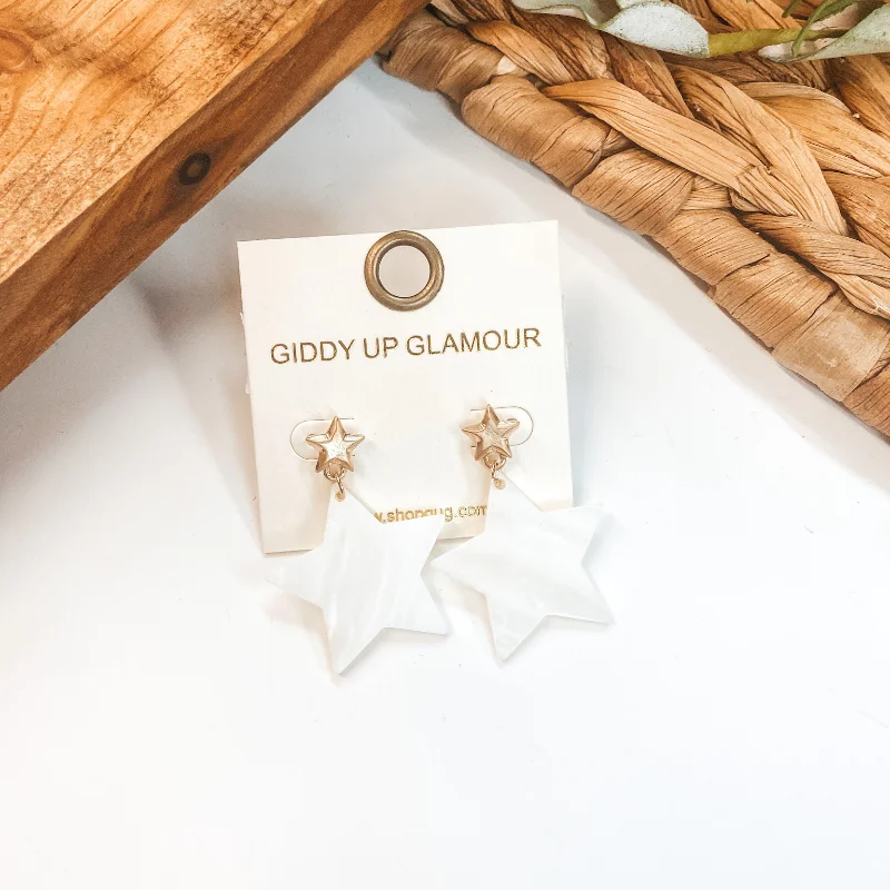 Trendy Drop Hoop Earrings-Mother of Pearl Gold Star Post Earrings in Ivory