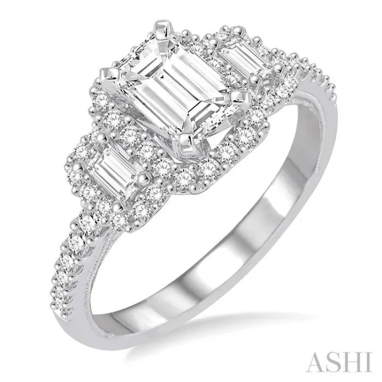 Matching Promise Rings Sets-1 1/3 Ctw Diamond Engagement Ring with 3/4 Ct Emerald Cut Center Stone in 14K White Gold