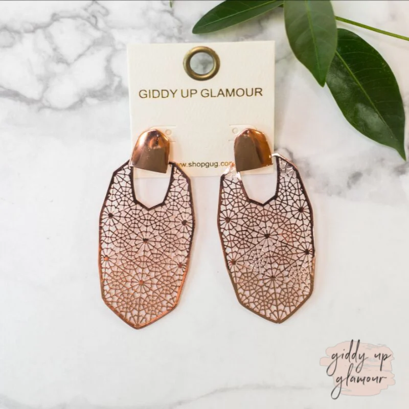 Simple Crystal Earrings for Women-Oval Arabesque Earrings in Rose Gold