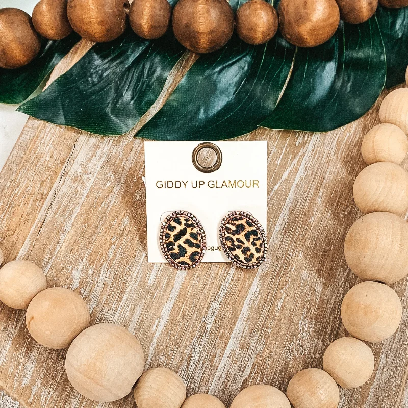 Geometric Drop Earrings-Oval Leopard Print Studs in Copper with AB Crystals