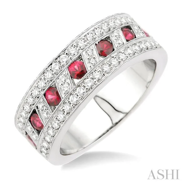 Designer Engagement Bands-5/8 Ctw Round Cut Diamond and 2.6 mm Round Cut Ruby Band in 18K White Gold