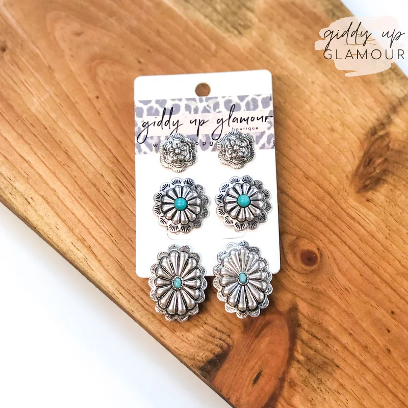 Unique Drop Earrings-Set of Three | Concho Earring Set with Turquoise Stones in Silver