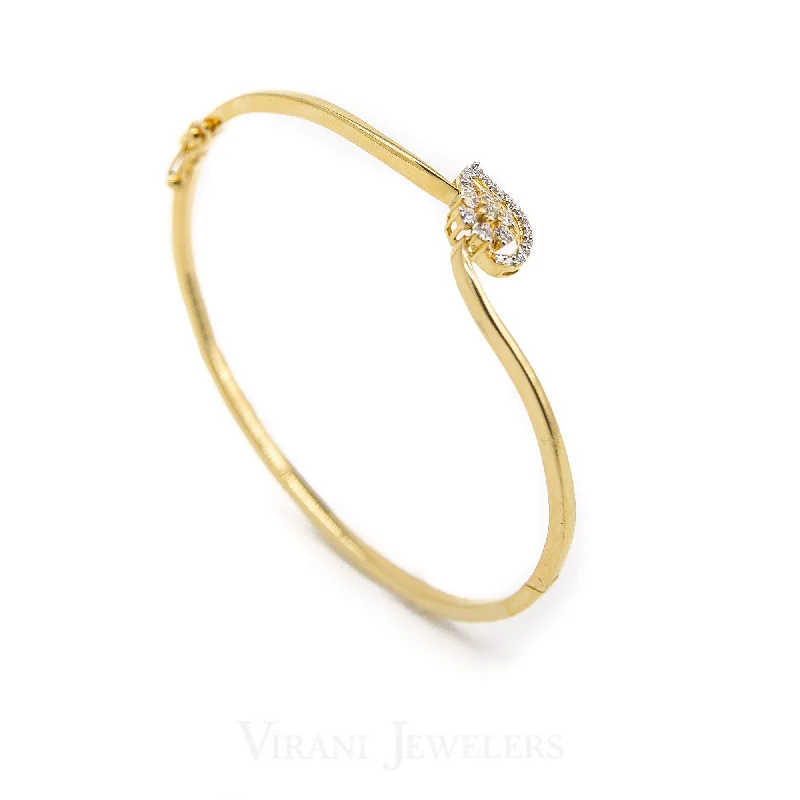 Custom Bracelet Sets for Bridesmaids-18K Yellow Gold Diamond Bangle Cuff W/ 0.28 Diamonds & Leaf Accent Design