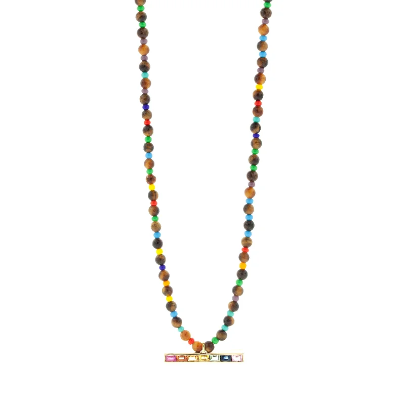 Retro Necklaces-Rainbow Sapphire Baguette ID Bar on Tiger's Eye Beaded Necklace