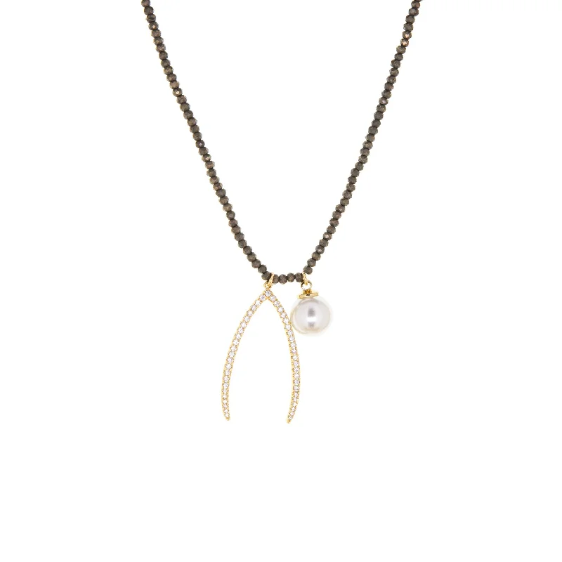 Pearls And Gold Necklaces-natural stone necklace with wishbone + pearl charms