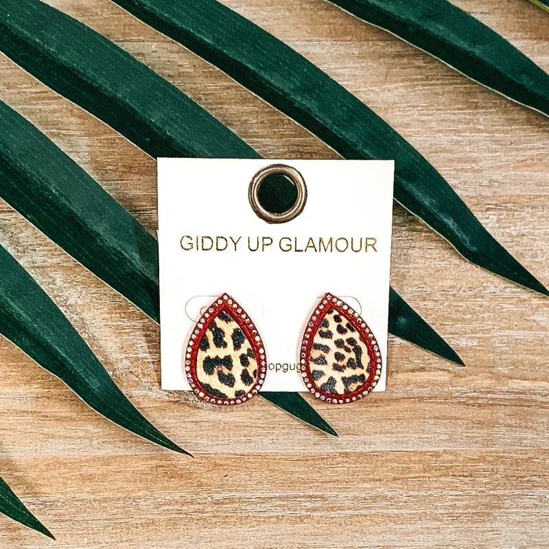 Classic Silver Hoop Earrings-Teardrop Leopard Print Studs in Red with AB Crystals