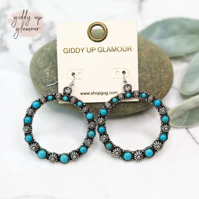 Designer Gemstone Earrings for Women-Silver Circle Outline Earrings with Turquoise Stones