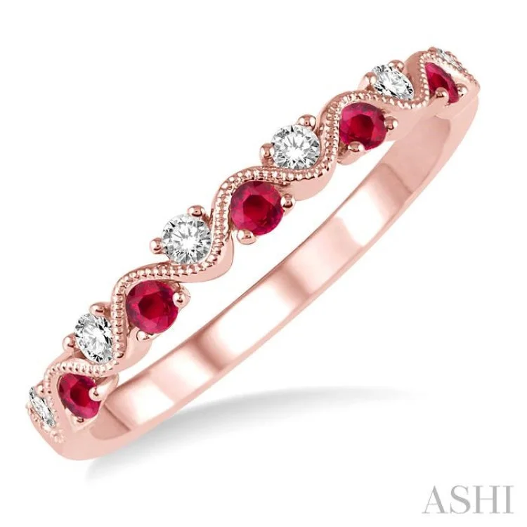 Unique Wedding Ring Sets-1/6 Ctw Round Cut Diamond and 1.80mm Ruby Precious Waves Wedding Band in 14K Rose Gold