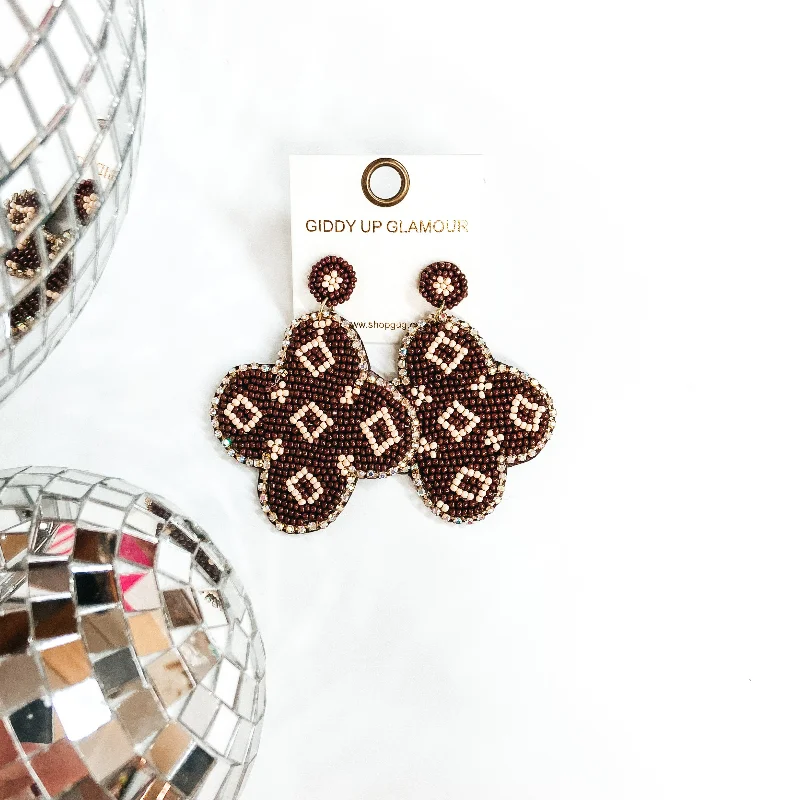 Geometric Crystal Earrings-Designer Lifestyle Seedbead Quatrefoil Earrings in Brown