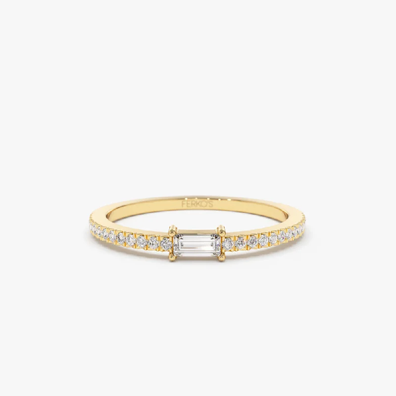 Wedding Rings with Personal Engraving-14k Stackable Baguette Diamond Ring with Pave Diamonds