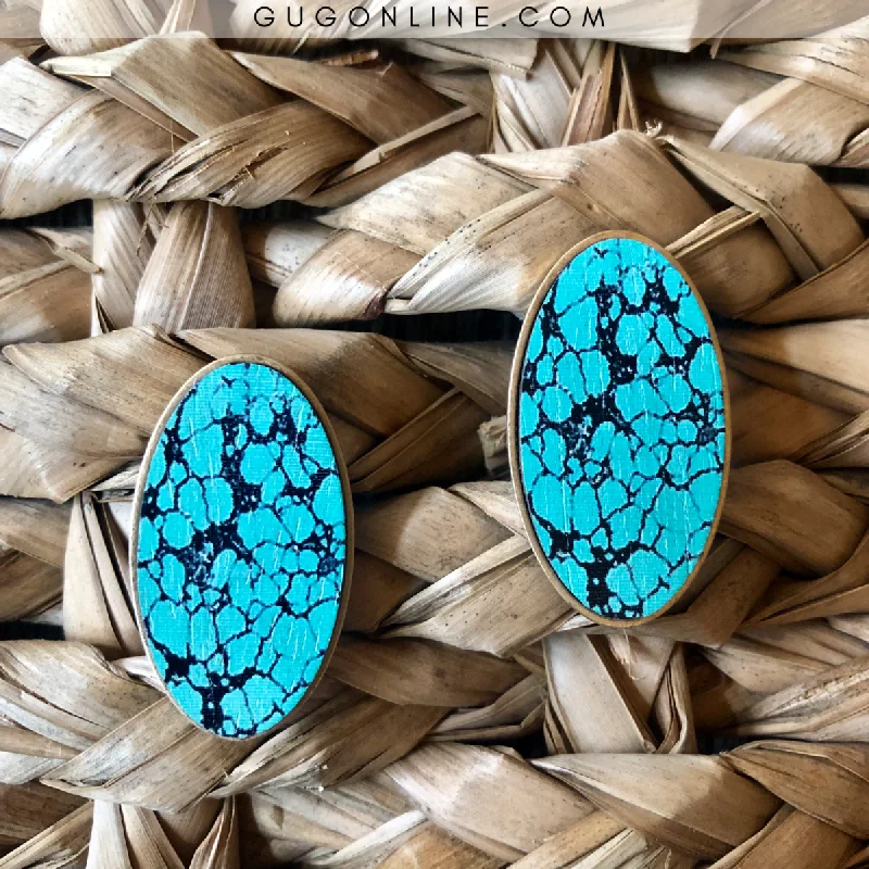 Silver Drop Earrings for Women-Large Turquoise and Black Oval Stud Earrings