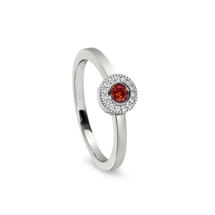 Designer Custom Engagement Rings-Platinum Finish Sterling Silver Micropave Round Simulated Garnet Ring with Simulated Diamonds Size 9