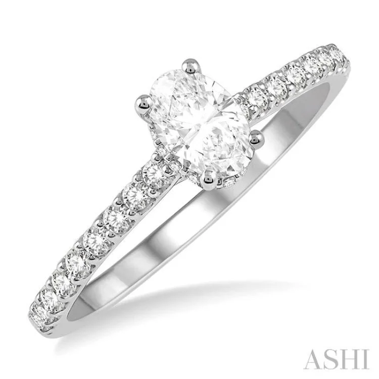 Unique Wedding Ring Sets-1/2 Ctw Round Cut Diamond Engagement Ring With 1/4 ct Oval Cut Center Stone in 14K White Gold