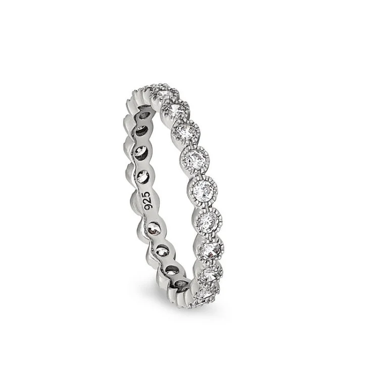 Simple Diamond Rings for Men-Platinum Finish Sterling Silver Beaded Bezel Ring with Simulated Diamonds