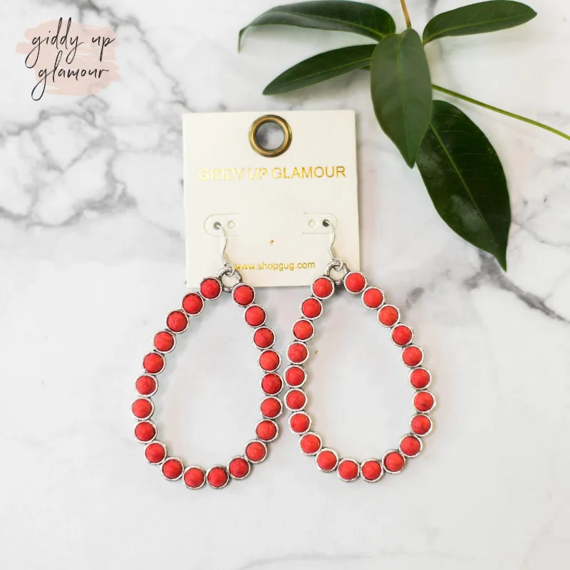 Luxury Designer Earrings for Women-Silver Teardrop Outline Earrings with Coral Stones