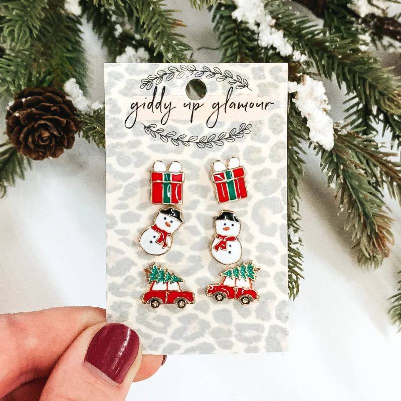 Simple Crystal Earrings for Women-Snowman Christmas Earring Set