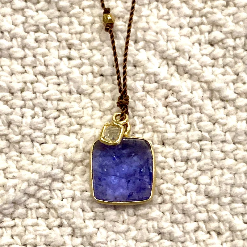 Fashion Jewelry Necklaces-One of a Kind 14K Gold Framed Tanzanite with Diamond on Cord Necklace