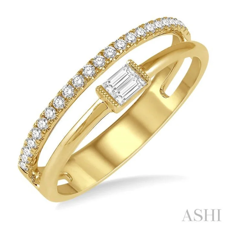 Vintage Promise Rings for Women-1/5 ctw Double Row Baguette and Round Diamond Fashion Ring in 14K Yellow Gold