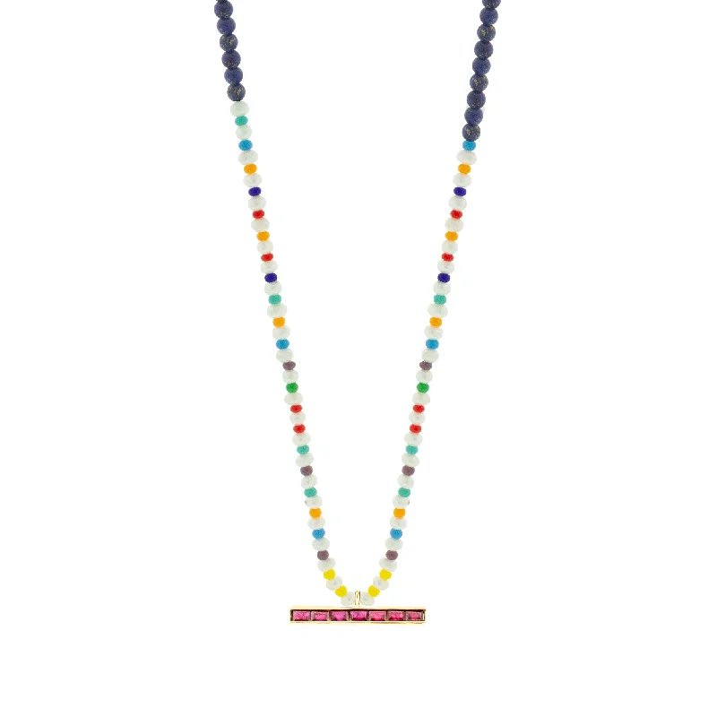 Unique Necklaces-Ruby Baguette ID Bar on Lapis Beaded Necklace