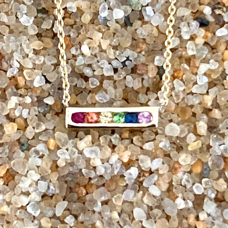 Gemstone Pendant Necklaces-Rainbow 14K Gold Bar Pendant Necklace