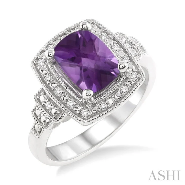 Fashionable Engagement Ring Designs-9x7MM Cushion Cut Amethyst and 1/10 Ctw Single Cut Diamond Ring in Sterling Silver