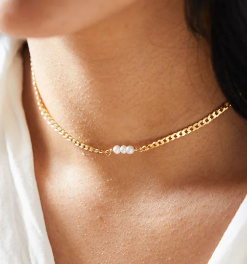 Sterling Silver Necklaces-Triple Pearl Choker Necklace