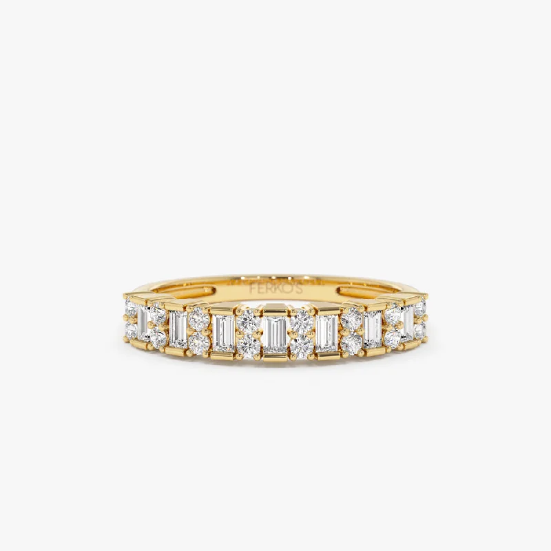 Luxury Wedding Rings with Custom Settings-14k Vertical Baguette and Round Diamond Wedding Band