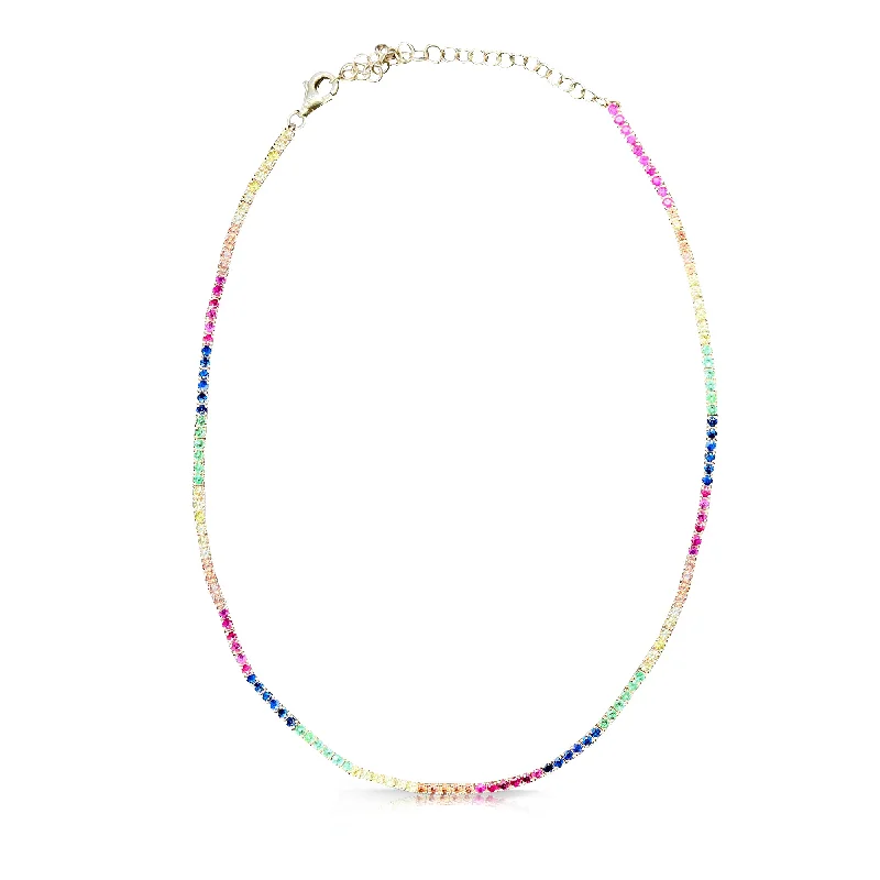 Love Heart Pendant Necklaces-Rainbow Sapphire and 14k Tennis Necklace