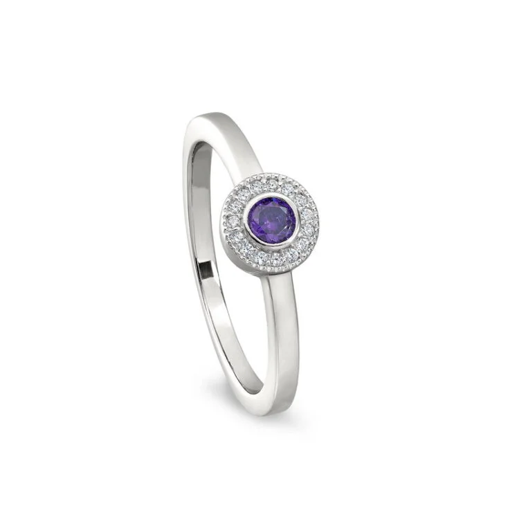 Custom Made Men’s Wedding Bands-Platinum finish sterling silver micropave round simulated amethyst ring with simulated diamonds size 5