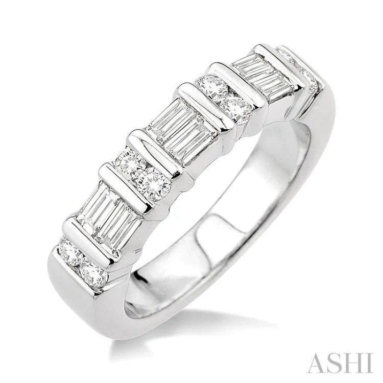 Handmade Diamond Wedding Bands-1 Ctw Baguette and Round Cut Diamond Fashion Band in 14K White Gold